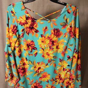 PINK OUT APPAREL dress, light aqua blue w/orange flowers. Size L.